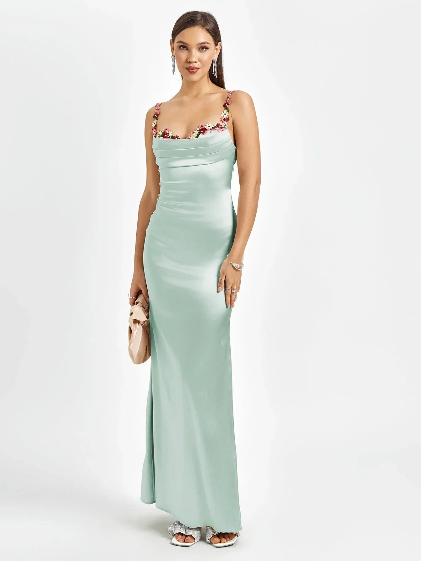Vestido largo mujer satinado con adornos florales para fiesta