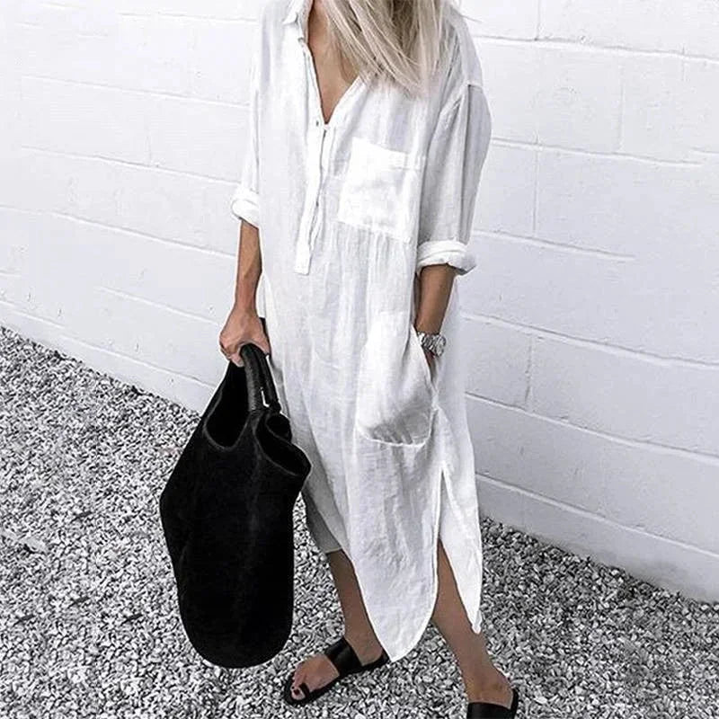 Vestido largo holgado mujer de lino con bolsillos prácticos