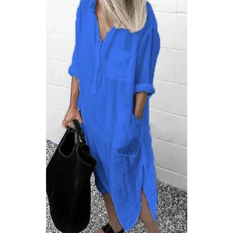 Vestido largo holgado mujer de lino con bolsillos prácticos