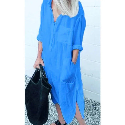 Vestido largo holgado mujer de lino con bolsillos prácticos