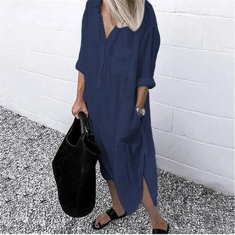 Vestido largo holgado mujer de lino con bolsillos prácticos