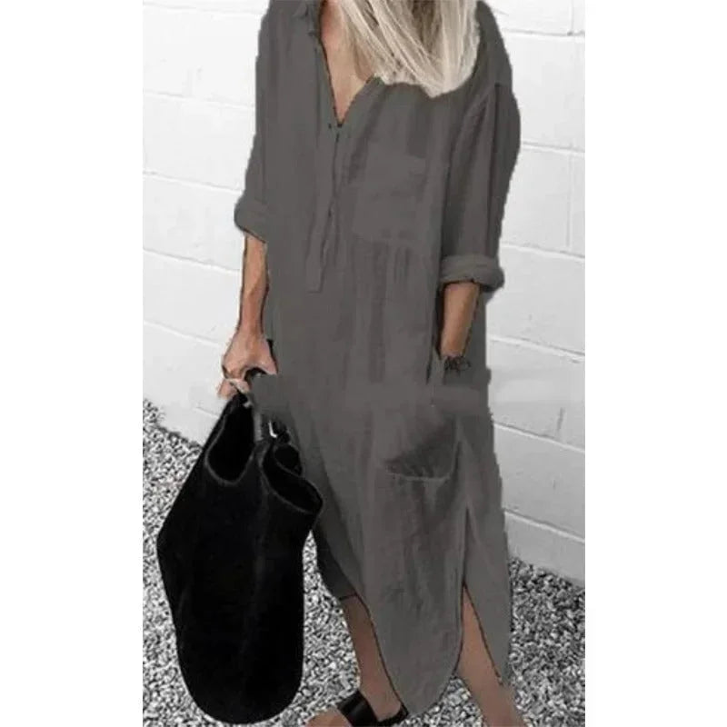Vestido largo holgado mujer de lino con bolsillos prácticos
