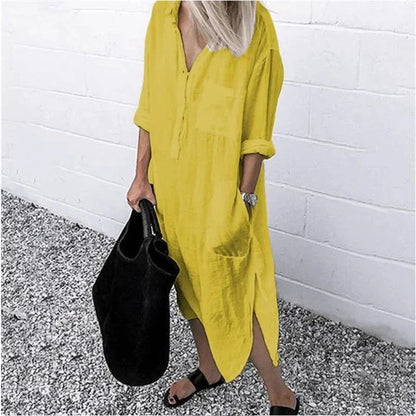 Vestido largo holgado mujer de lino con bolsillos prácticos