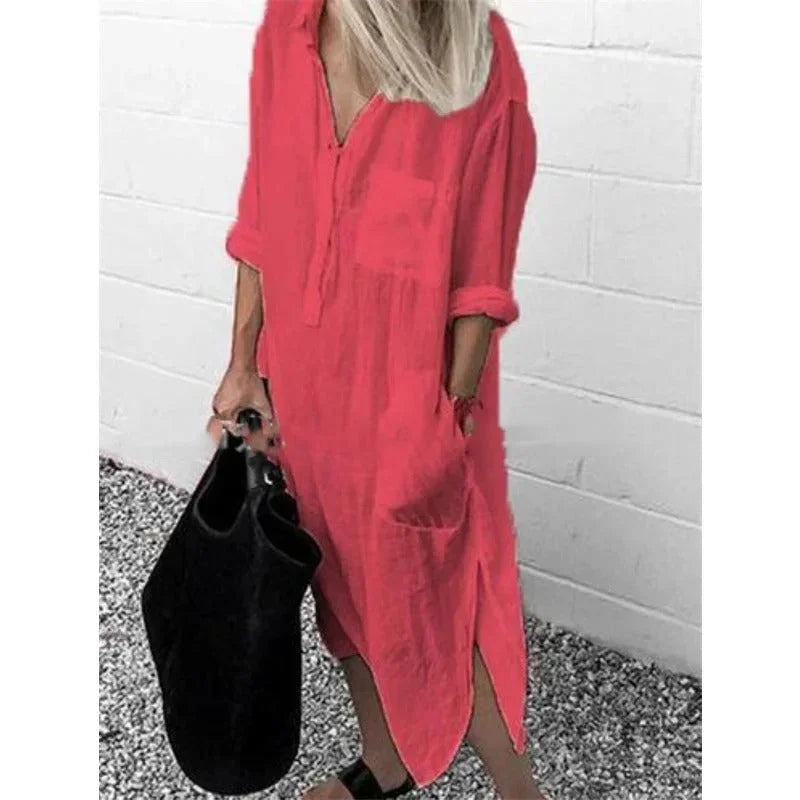 Vestido largo holgado mujer de lino con bolsillos prácticos