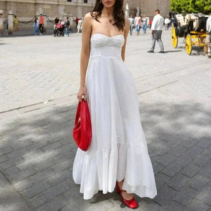 Vestido largo blanco verano con busto fruncido y tirantes finos