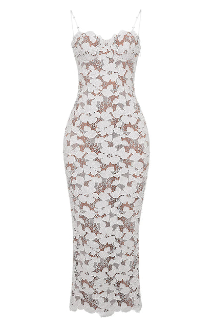 Vestido largo mujer encaje floral blanco tirantes finos