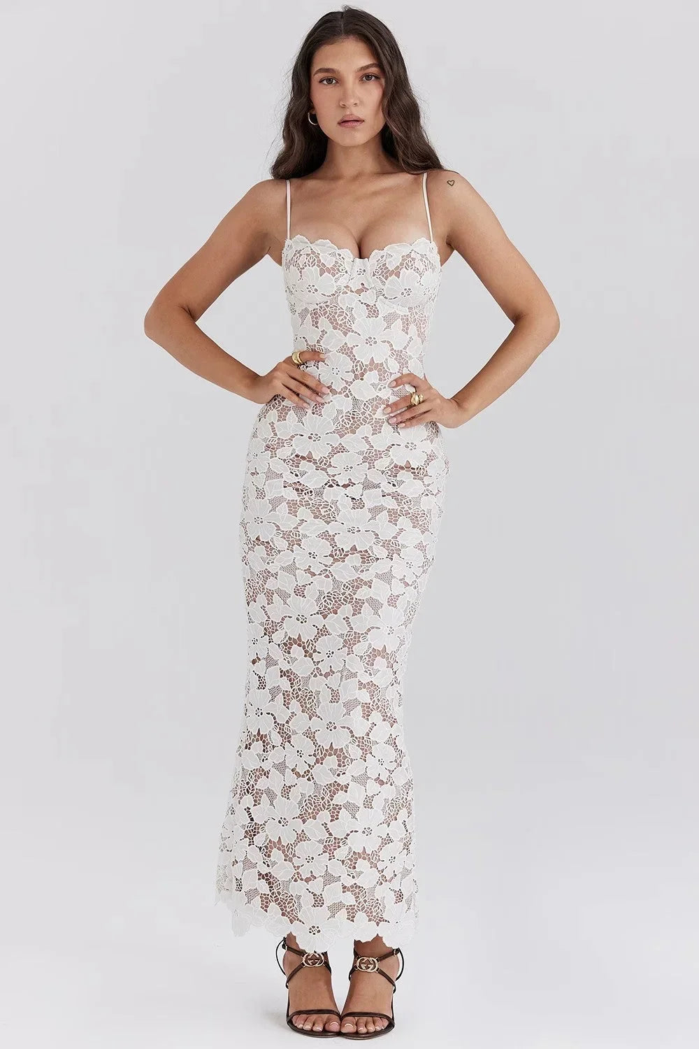 Vestido largo mujer encaje floral blanco tirantes finos