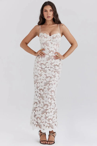 Vestido largo mujer encaje floral blanco tirantes finos