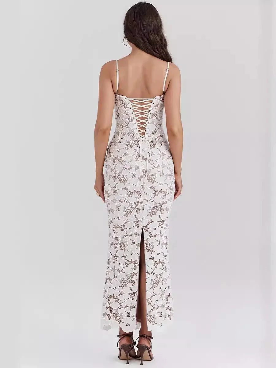 Vestido largo mujer encaje floral blanco tirantes finos