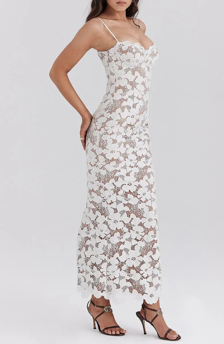 Vestido largo mujer encaje floral blanco tirantes finos