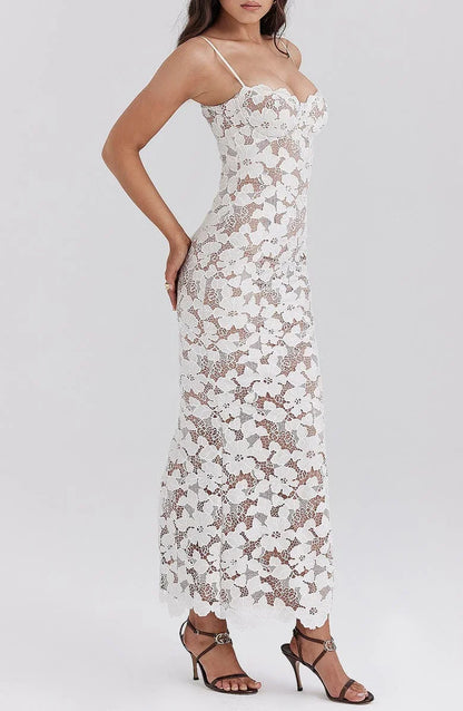 Vestido largo mujer encaje floral blanco tirantes finos