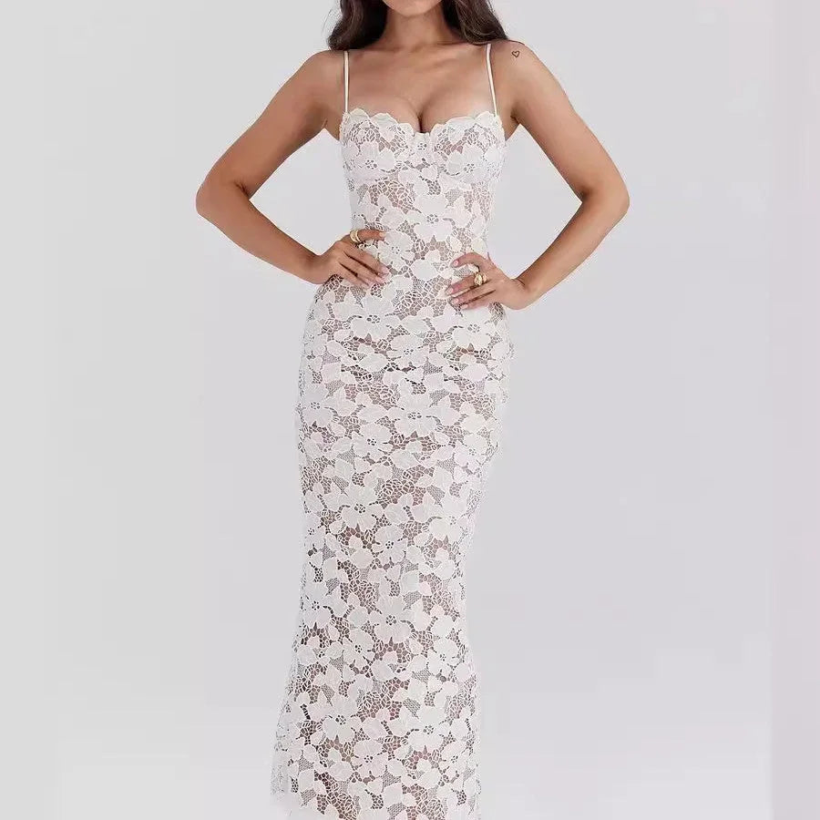 Vestido largo mujer encaje floral blanco tirantes finos