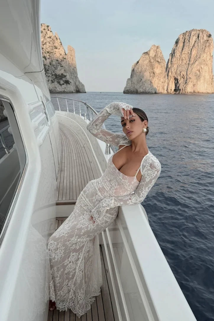 Vestido largo mujer blanco de encaje con mangas largas