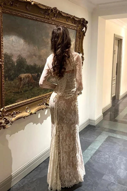 Vestido largo mujer blanco de encaje con mangas largas