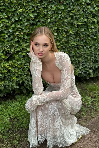 Vestido largo mujer blanco de encaje con mangas largas