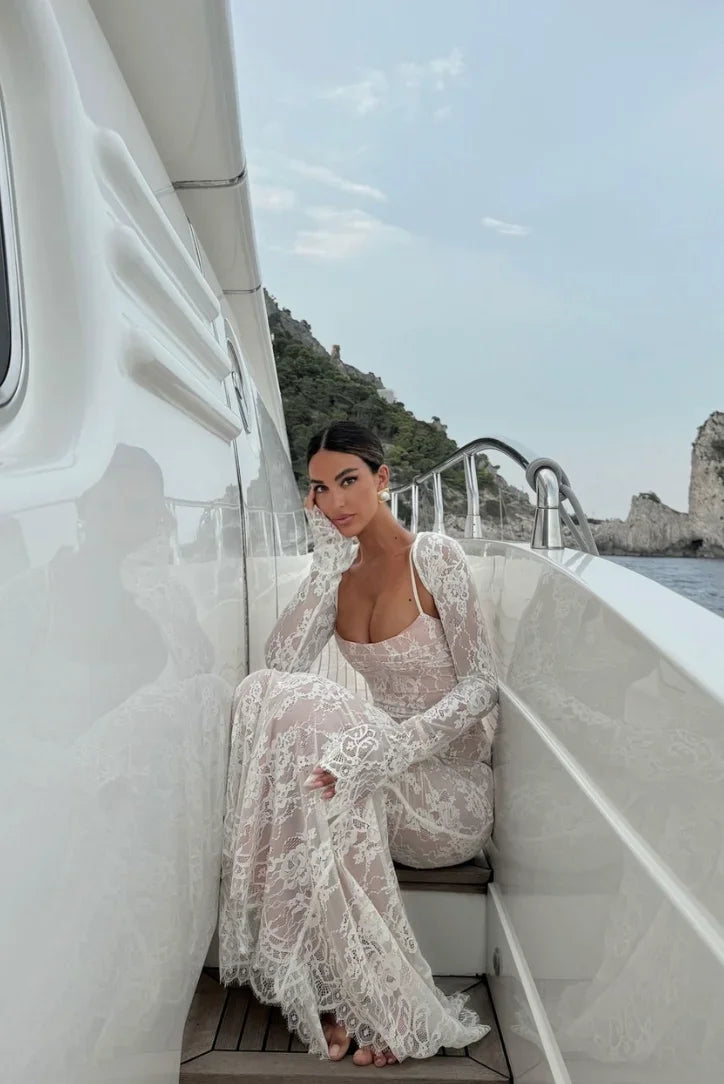 Vestido largo mujer blanco de encaje con mangas largas