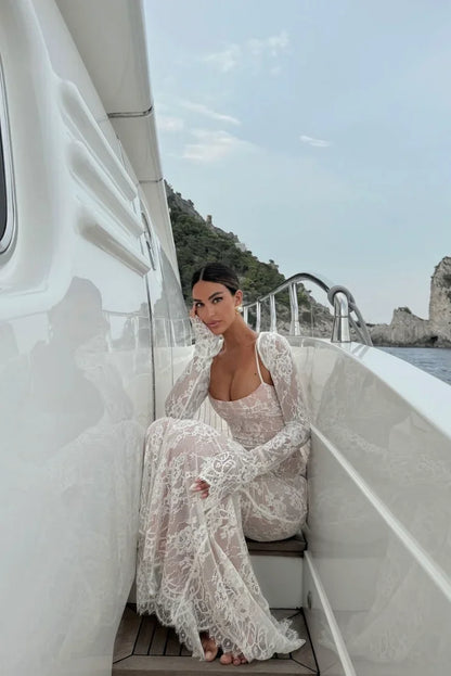 Vestido largo mujer blanco de encaje con mangas largas