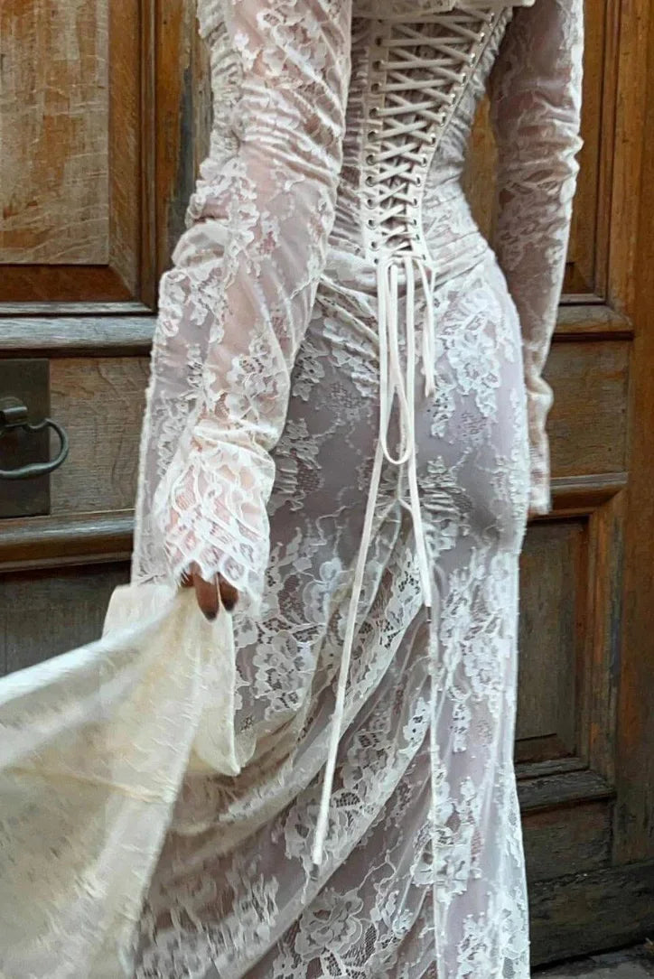 Vestido largo mujer blanco de encaje con mangas largas