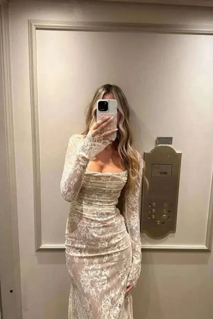 Vestido largo mujer blanco de encaje con mangas largas