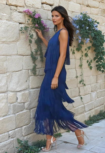 Vestido largo mujer azul marino con flecos asimétricos