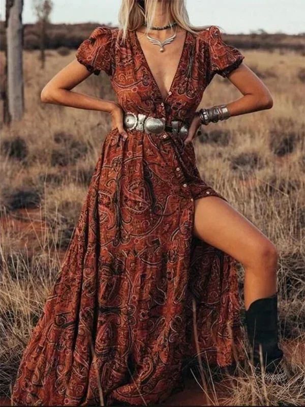 Vestido largo bohemio con estampado y mangas mariposa