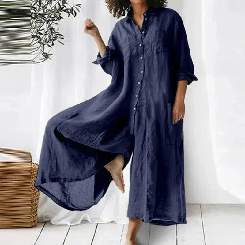 Vestido largo abotonado fluido con bolsillos y mangas largas