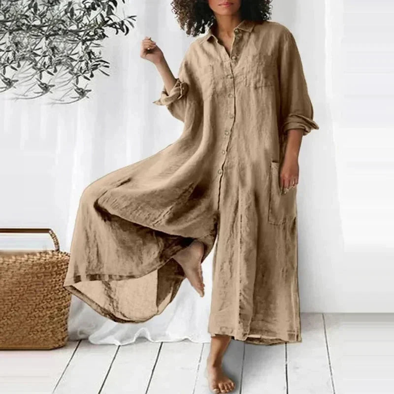 Vestido largo abotonado fluido con bolsillos y mangas largas