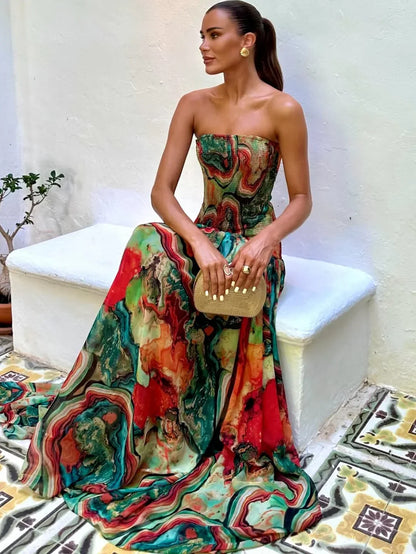 Vestido largo con busto descubierto, estampado multicolor mujer