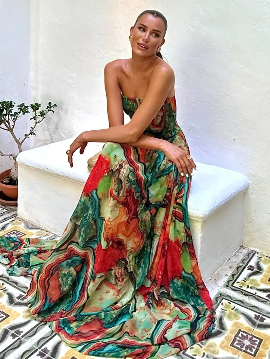 Vestido largo con busto descubierto, estampado multicolor mujer