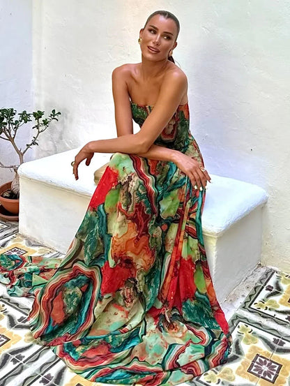 Vestido largo con busto descubierto, estampado multicolor mujer