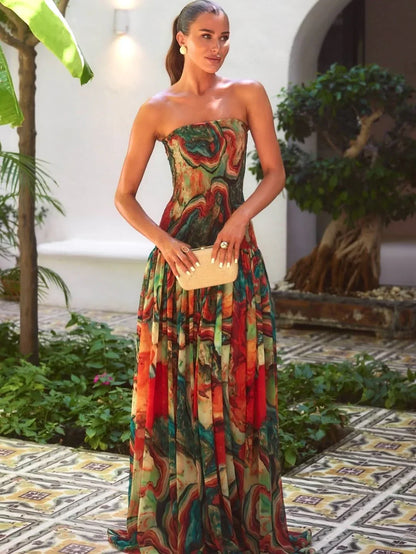 Vestido largo con busto descubierto, estampado multicolor mujer