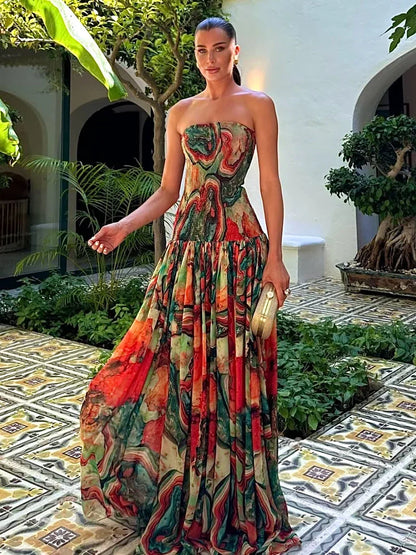 Vestido largo con busto descubierto, estampado multicolor mujer