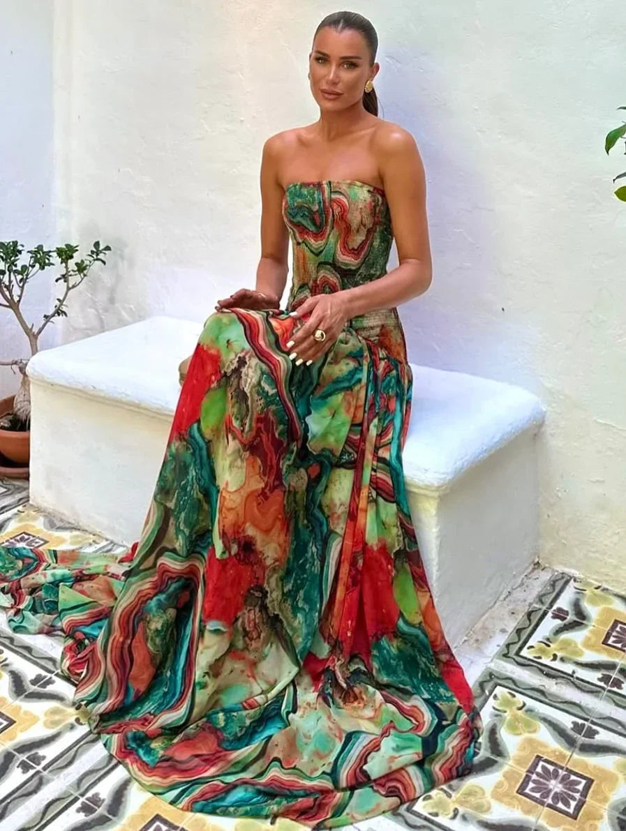 Vestido largo con busto descubierto, estampado multicolor mujer