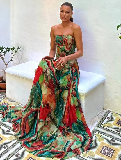 Vestido largo con busto descubierto, estampado multicolor mujer
