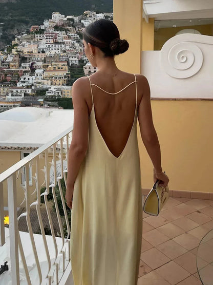 Vestido largo espalda descubierta amarillo para verano playa relax
