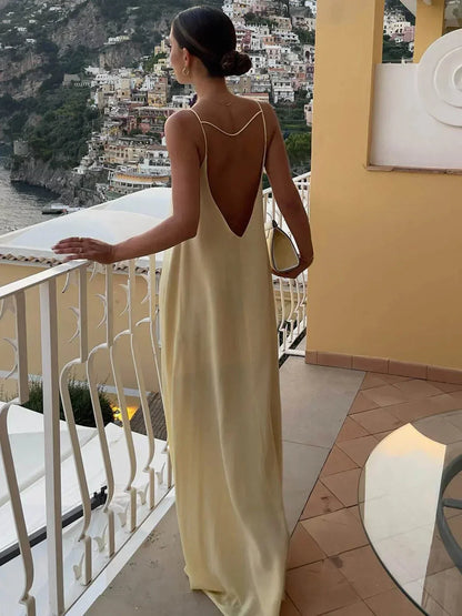 Vestido largo espalda descubierta amarillo para verano playa relax