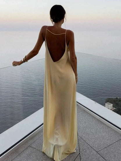 Vestido largo espalda descubierta amarillo para verano playa relax