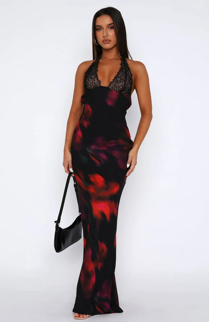 Vestido largo mujer espalda descubierta estampado negro de noche