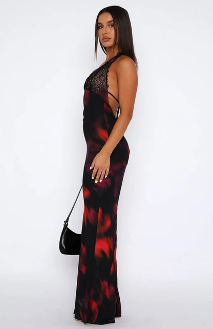 Vestido largo mujer espalda descubierta estampado negro de noche