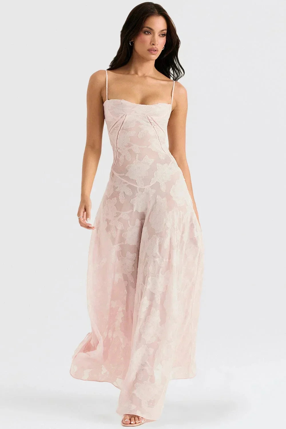 Vestido largo mujer encaje floral con tirantes ajustables gala
