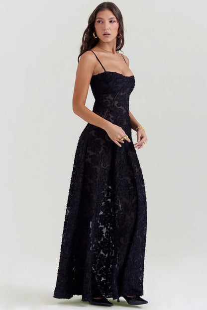 Vestido largo mujer encaje floral con tirantes ajustables gala