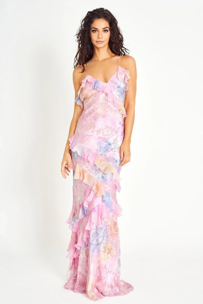 Vestido largo mujer floreado con volantes