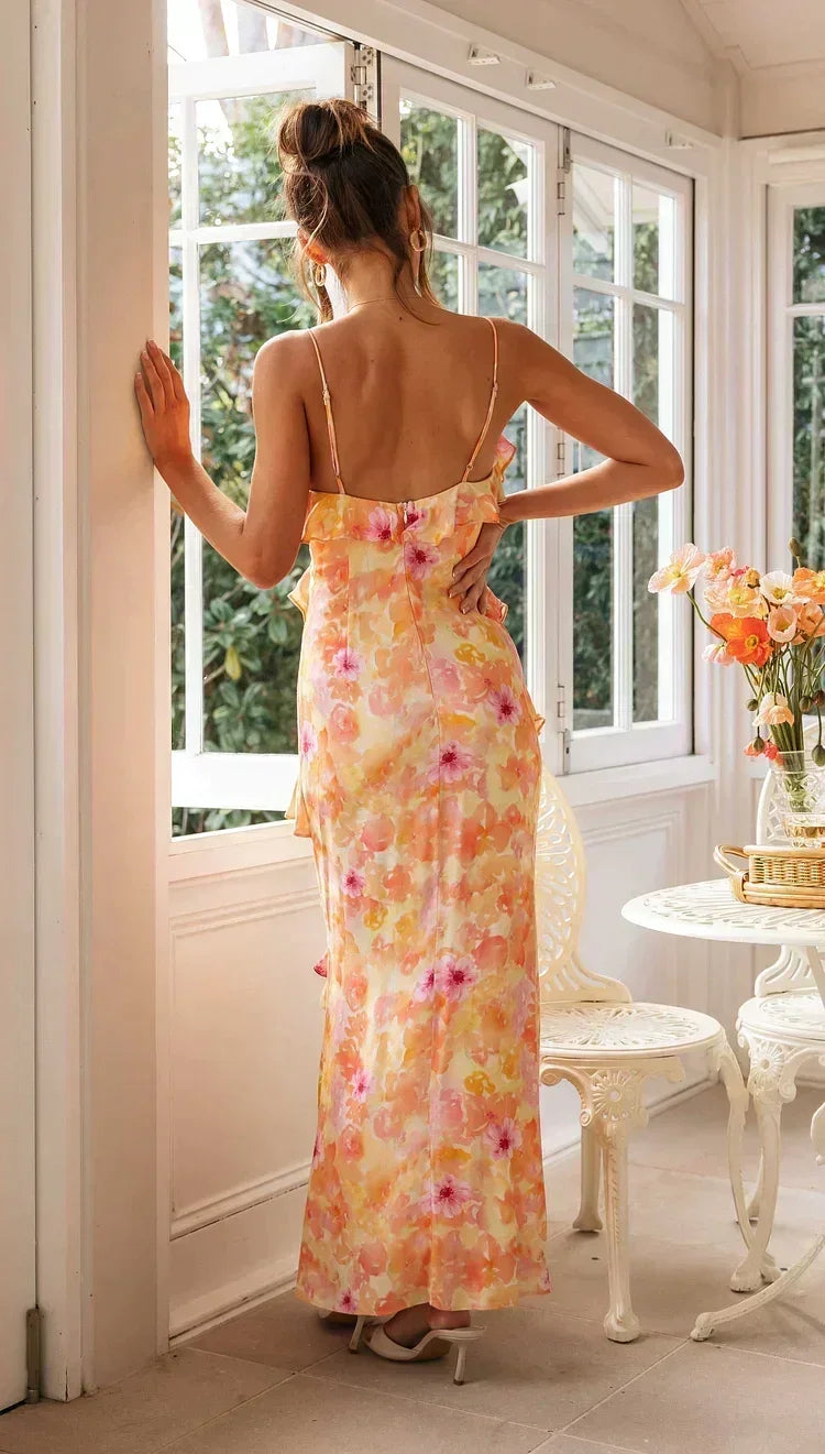 Vestido largo mujer floreado con volantes