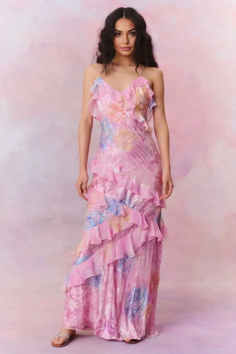Vestido largo mujer floreado con volantes