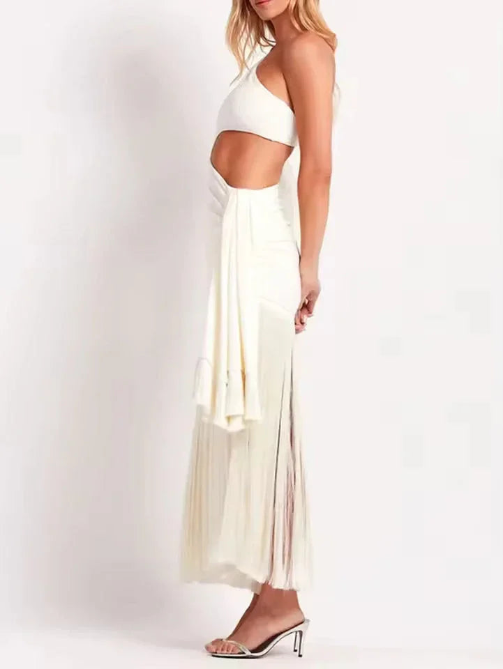 Vestido largo mujer asimétrico con flecos y recortes