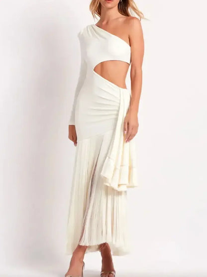 Vestido largo mujer asimétrico con flecos y recortes