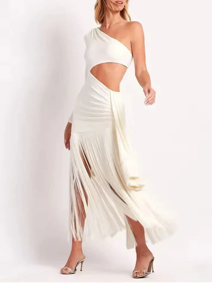 Vestido largo mujer asimétrico con flecos y recortes