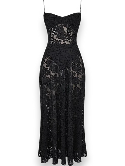 Vestido largo mujer con bordado floral y tirantes finos