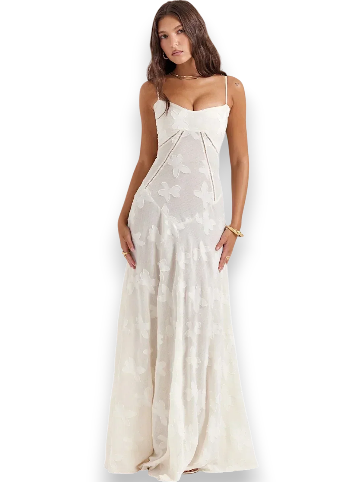 Vestido largo mujer con bordado floral y tirantes finos