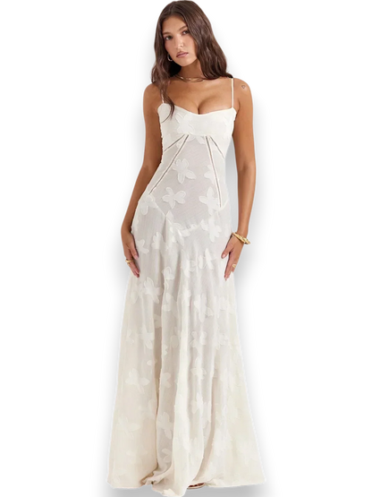 Vestido largo mujer con bordado floral y tirantes finos